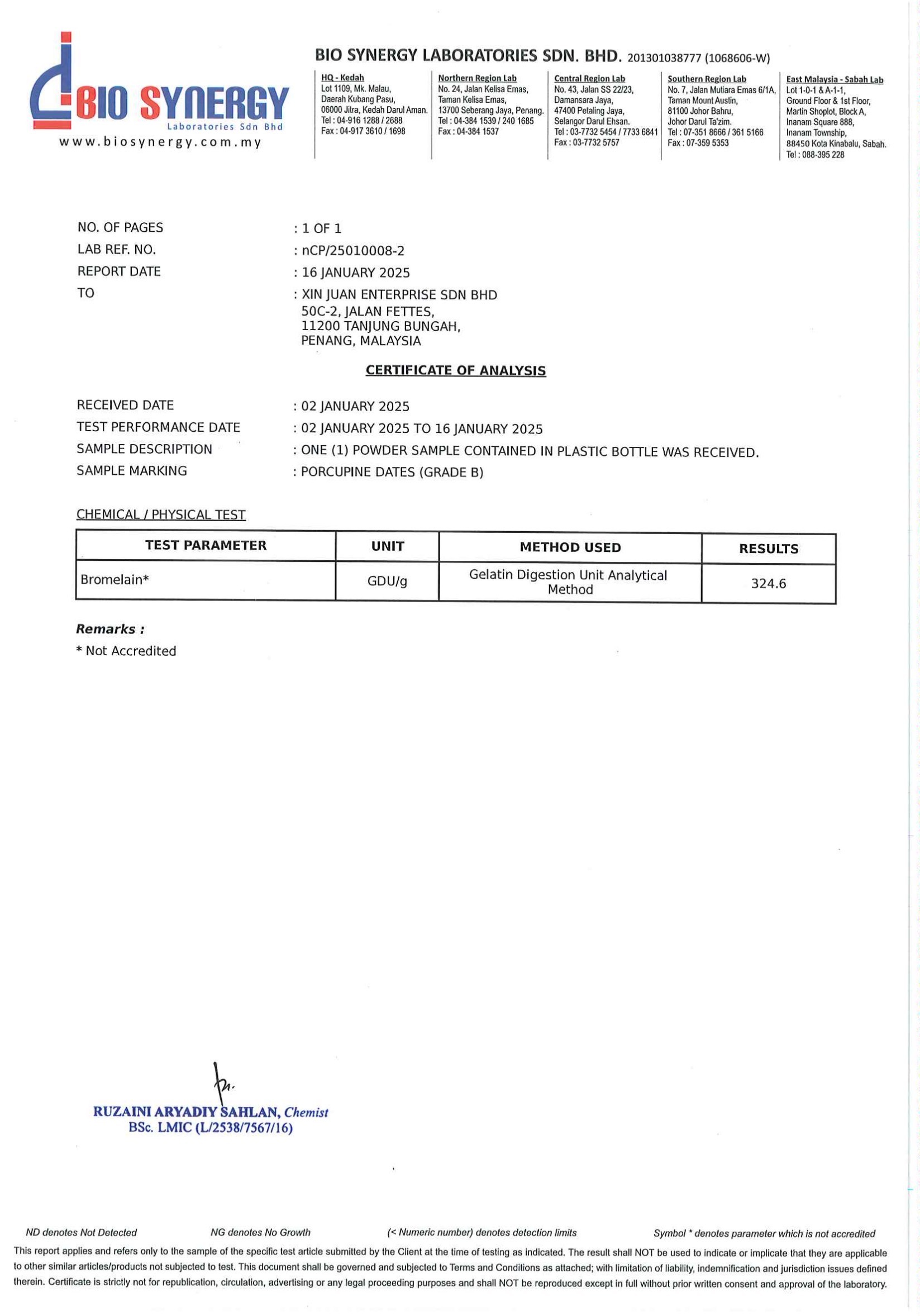 Bio Synergy Laboratories 二级箭猪枣菠萝蛋白酶化验证书 nCP/25010008-2(2025)